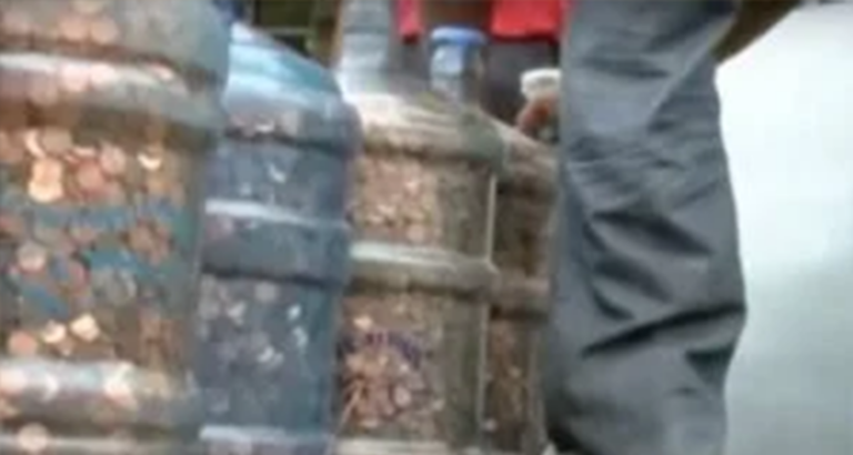 A man saves coins for 45 years, brings 15 jugs filled with them to the bank, and asks the teller to deposit them all.