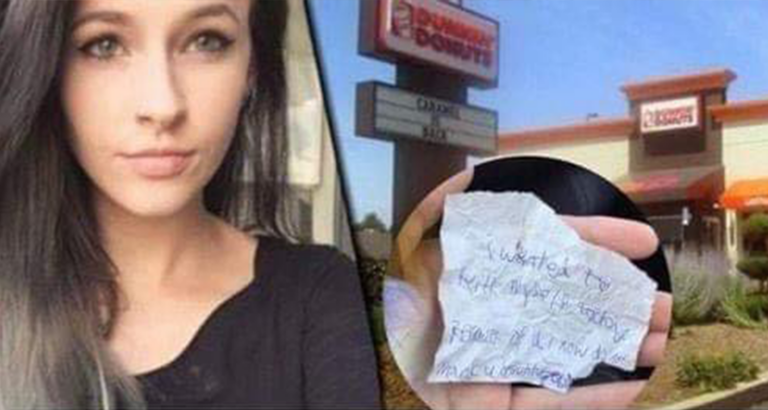 Woman buys homeless man food and stays with him – he then gives her a note and she realizes the truth.